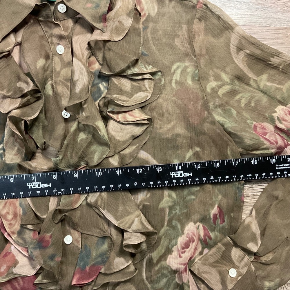 Lauren Ralph Lauren Silk Ruffle Georgette Floral Sheer Blouse Womens XS Olive - Picture 6 of 7